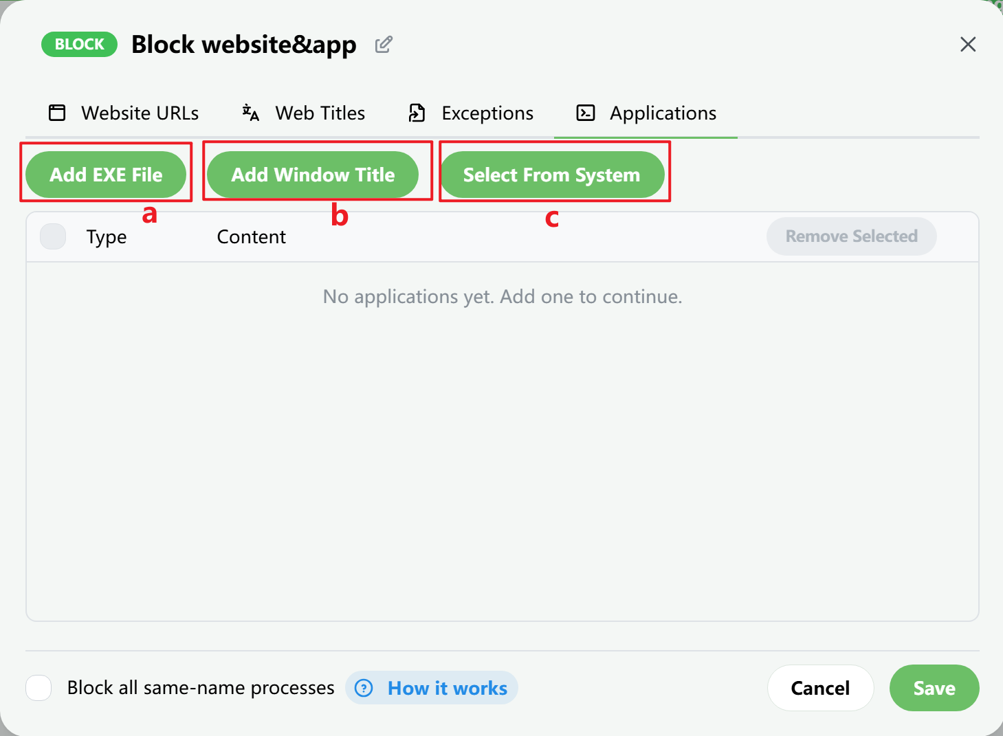 App blocking rule editor screenshot