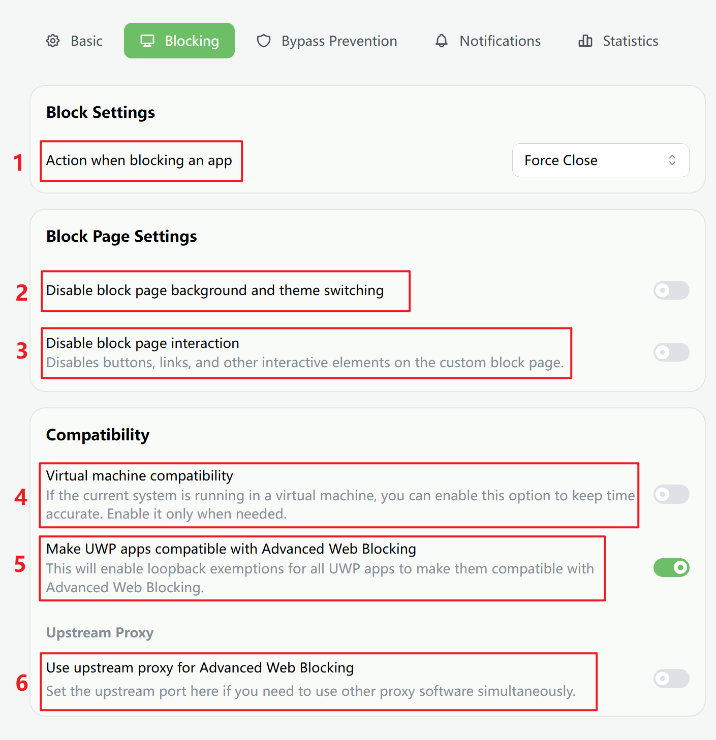 Blocking Settings screenshot