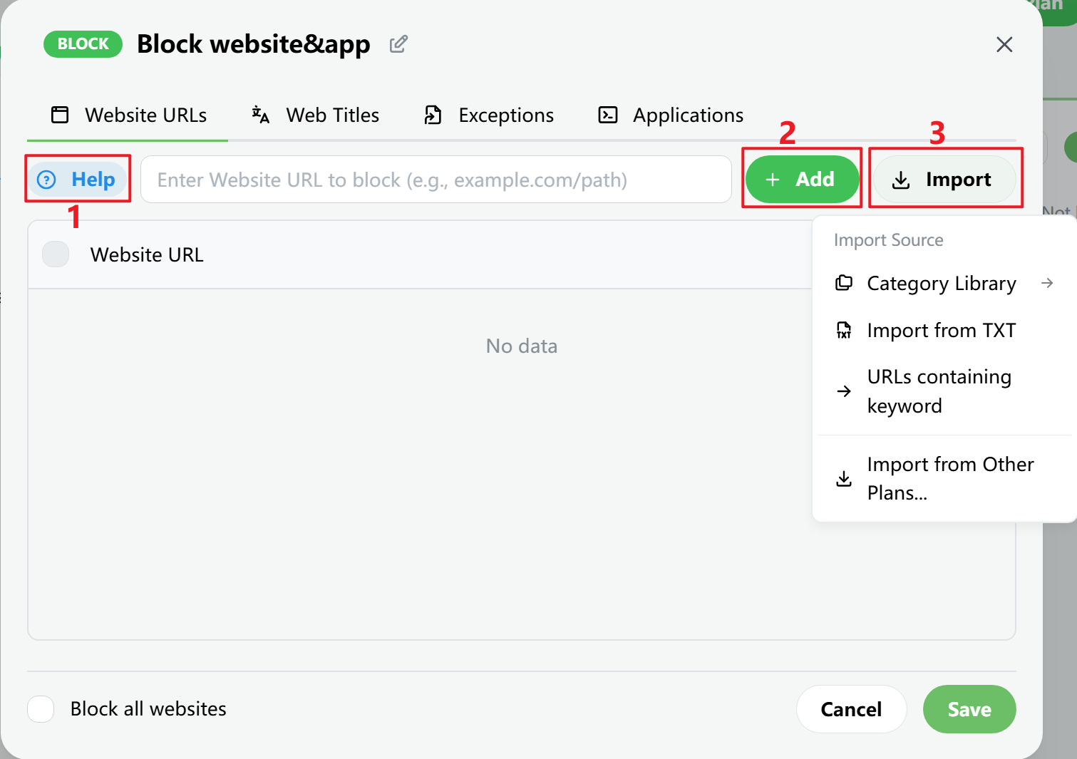 Standard Blocking list editor screenshot