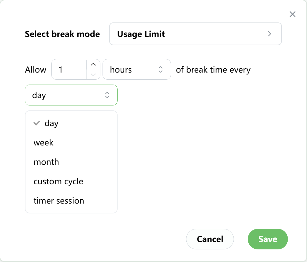 Usage Limit settings screen