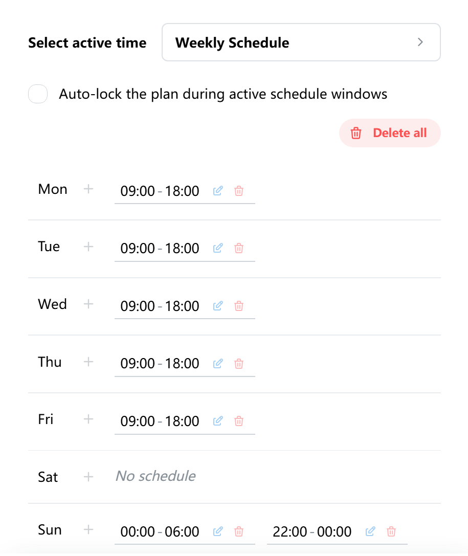 Schedule settings screen